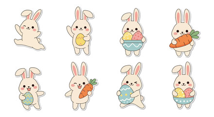 Obraz premium Cute cartoon bunnies holding Easter eggs and carrots in pastel colors on a white background, celebrating Easter Sunday with a joyful and festive mood