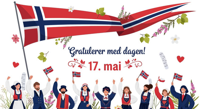 Norway National Day Celebration 17 May - People in traditional costume holding flags
