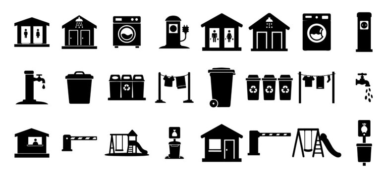 Campsite Facilities Silhouette Icon Set Camping Amenities WC Shower Laundry Electricity Water Waste Vector
