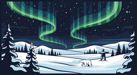Polar Bear and Aurora Borealis in Snowy Arctic Landscape, Winter Night Sky © Saipur