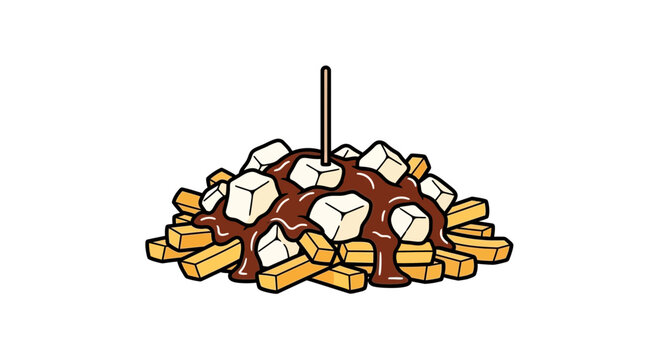Poutine Illustration: Fries, Cheese Curds, Brown Gravy with Toothpick