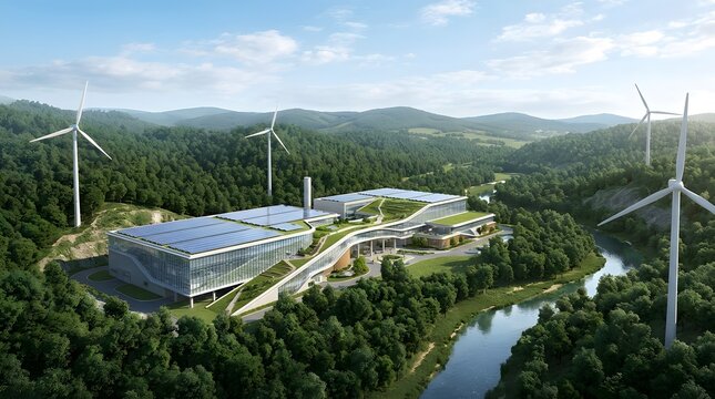 Modern eco friendly industrial complex with solar panels and wind turbines harmoniously set within a lush green forest landscape and river