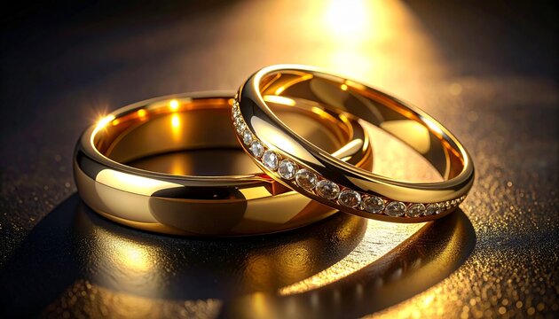 Two elegant gold wedding rings, one plain and one with diamonds, symbolize eternal love and commitment in a romantic setting