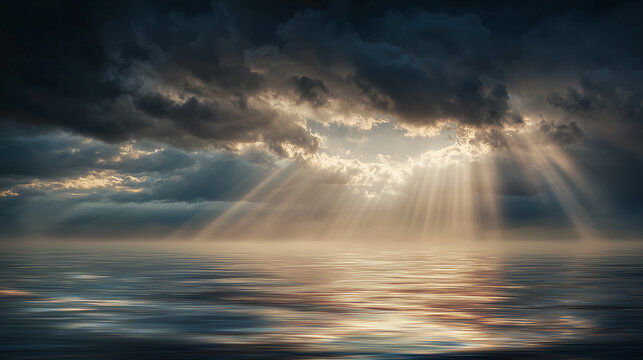 嵐の雲間から海面へ降り注ぐ柔らかな光の筋：天使の梯子