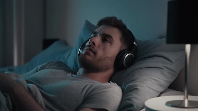 Music and Blank Stare. Bed Rotting. Lifestyle & Mental Health. A photorealistic medium shot of a person lying in bed with headphones listening to music while staring at the ceiling
