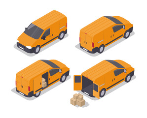 Cargo van in isometric view isolated. A set of an empty van and a van loaded with boxes. Vector illustration. © lyudinka