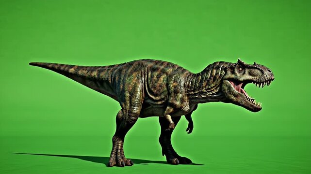 Realistic Allosaurus Dinosaur Roaring Displayed in Full Body Profile Against a Vibrant Green Screen Background with Detailed Texture and Natural Lighting