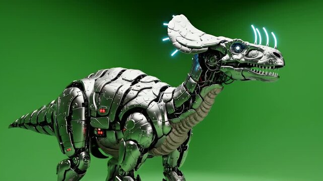 Realistic Metallic Robotic Parasaurolophus Dinosaur Standing Still with Glowing Blue Accents on a Seamless Green Screen Background in Studio Lighting