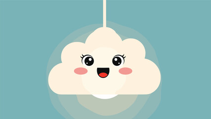 Obraz premium Cute cloud character with a smiling face and blushing cheeks hanging as a lamp on a blue background for children.