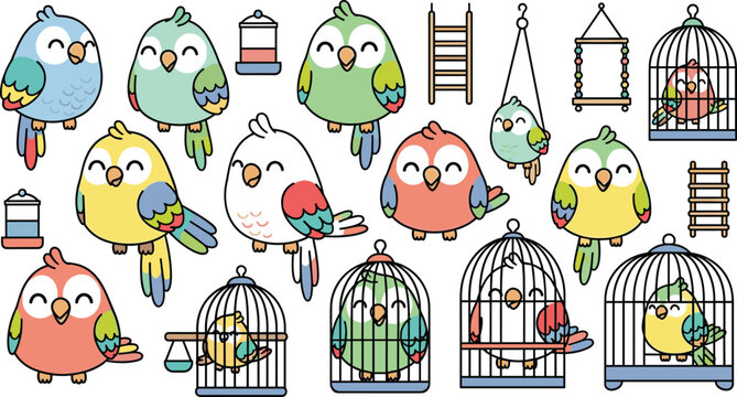 Kawaii Pet Bird Vector Collection Featuring Cute Parrots and Parakeets with Bird Cages and Accessories in Minimalist Hand Drawn Style