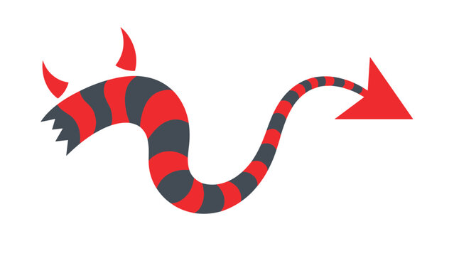 Red and black striped devil tail with horns and a pointed tip isolated on a white background for festive design.