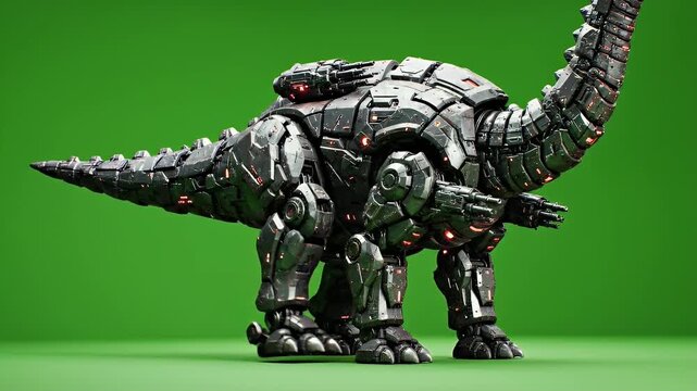 Detailed Full Body Shot Of A Futuristic Battle Ready Robotic Brachiosaurus With Orange Lights On A Vibrant Green Screen Background Slow Moving In A Studio