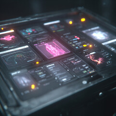 Fototapeta premium Futuristic data dashboard with analytics panels. Ideal for business, AI, healthcare and big data visualization concepts.