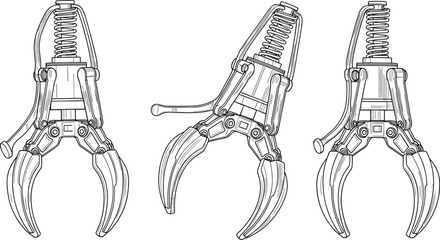 Mechanical Robotic Claw Gripper Line Art Illustration Set Featuring Industrial Hydraulic Crane Hook Design Components for Engineering Projects Automation Technology and Arcade Game Machine Graphics © MdHasmot