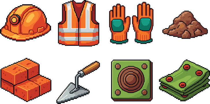 Pixel Art Construction Site Equipment Set Featuring Safety Helmet Reflective Vest Work Gloves Bricks Trowel Soil Pile and Building Materials Icons for Games