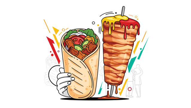 Delicious doner kebab wrap held by a hand next to a traditional vertical meat rotisserie spit with sauce.