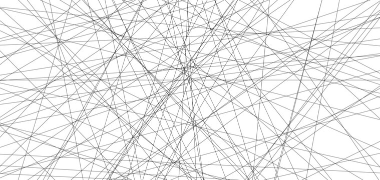 Abstract asymmetric black grid pattern with straight lines. Chaotic diagonal stripe texture on white background. Minimal geometric backdrop