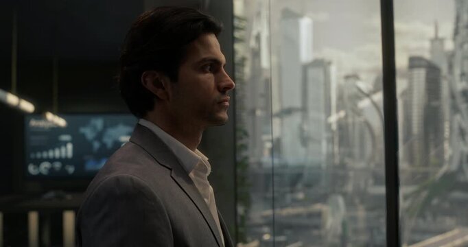 White Businessman in a Modern Office Stands by a Window, Looking at a Futuristic City of Flying Cars and Infrastrucure, Success of Tomorrow. Cinematic Vision of Future Concept. Dramatic Mood