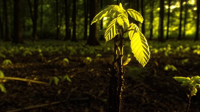 A small tree grows in a forest clearing with sunlight shining through the leaves