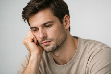 Fototapeta premium Young man with hand on cheek looking down with a thoughtful and sad expression