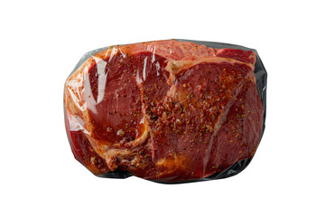 Obraz premium Raw beef ribeye steak, seasoned and marinated, vacuum packed for freshness, preparing meat for cooking with transparent background