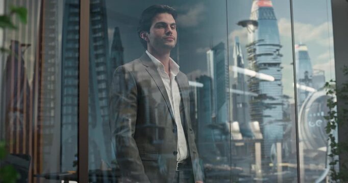 White Businessman in a Glass Office Stands Looking Out a Window, Seeing a Futuristic City With Towers, Advanced Transit and Flying Cars, Envisioning Wealth, and Progress. Cinematic Picture of Success