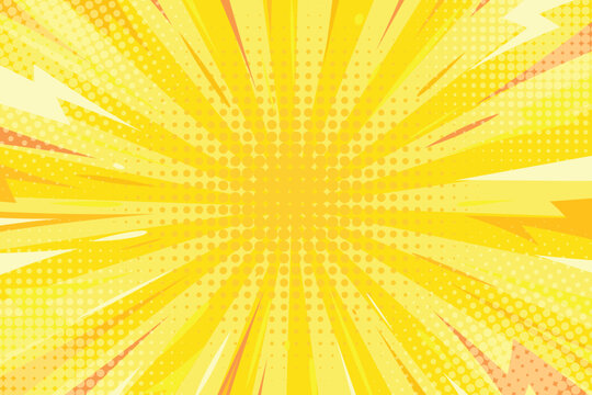 Comic lightning burst background. Yellow pop art halftone radial thunder flash and rays texture. Comic bright explosion backdrop with copy space for text.