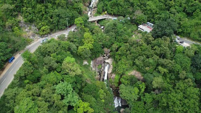 Drone Reveal of Ravana Falls &ndash; Forward Motion with Downward Gimbal Showing Cascading Waterfall in Ella Sri Lanka