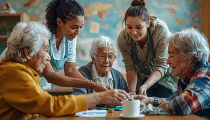 Fototapeta premium Caregivers Helping Elderly People Enjoy Social Activities Together