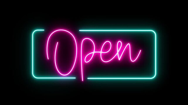 Open Neon Sign Background on black background Seamless Looping. 4k animation of neon open sign blinking for night storefront, restaurant, motel and night business