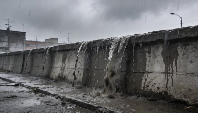 Pouring rain over concrete parapet cascading down streaked face at wet curb, with puddles and lamp