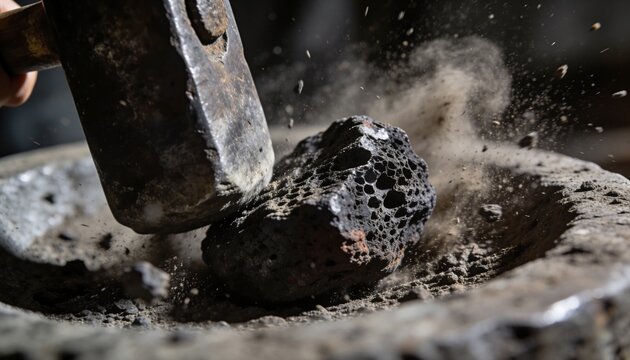 Striking porous dark rock, hammer head sending dust and fragments onto concave dish in workshop