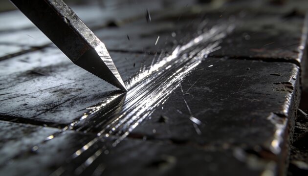 Scraping metal chisel blade tip creating reflective groove on dark wood plank, sending sawdust