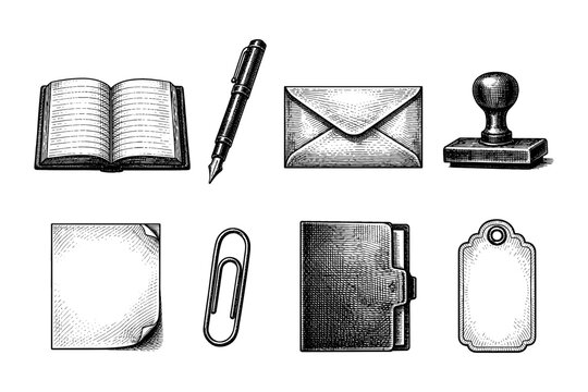 Vintage stationery and office supplies collection in a retro engraving style