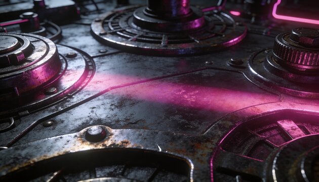 Showing rusted gear plate with bolts and ridged knobs in shop close-up, magenta neon glowing