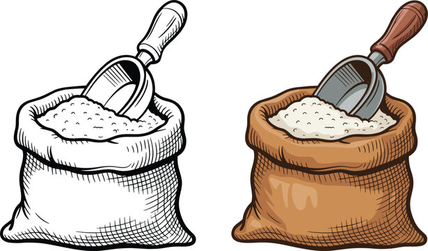 Burlap sack with grain and scoop, vintage agricultural bag vector illustration isolated on white