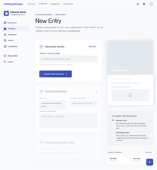 Obraz premium A clean, modern SaaS dashboard interface featuring a 'New Entry' workflow for e-commerce catalog management. The layout is minimalist with a serene blue primary accent, showcasing sections for product