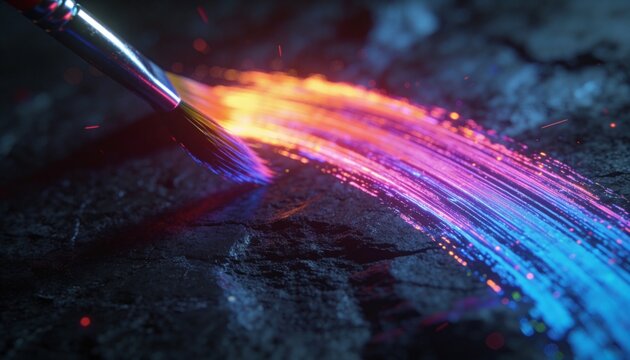 Sweeping round-tip brush with metal ferrule across studio stone slab, leaving neon trail and sparks