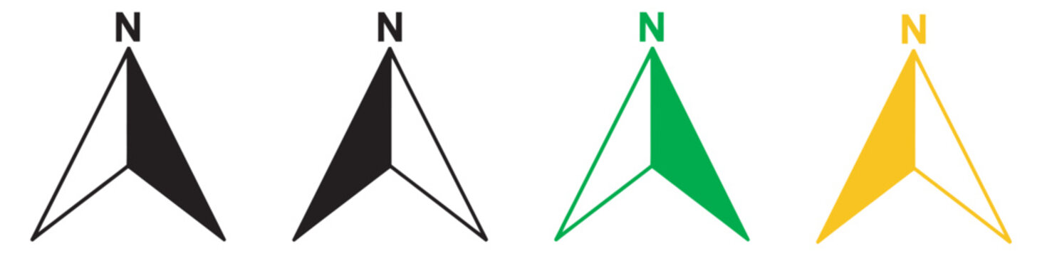 Compass north arrow navigation icons set, N label map pointers, line and solid style, vector isolated transparent background UI symbols