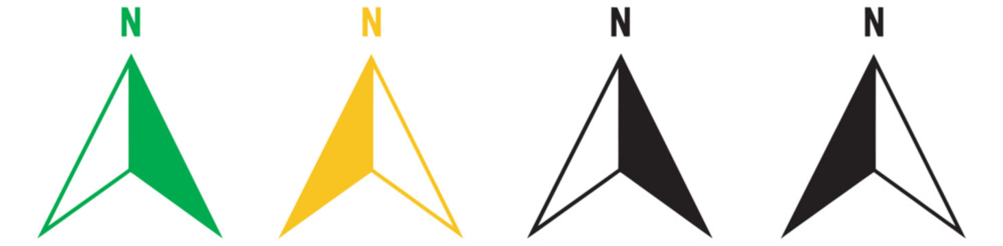 Compass north arrow navigation icons set, N label map pointers, line and solid style, vector isolated transparent background UI symbols