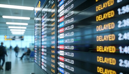 Fototapeta premium Displaying flight screen showing CANCELLED and DELAYED lines at airport, with jackets and suitcases