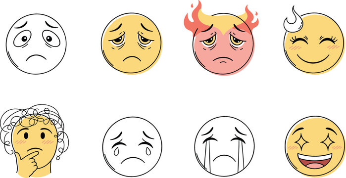 Cute emoji expression vector set with sad, crying, angry, thinking and happy faces in colorful cartoon style for social media design
