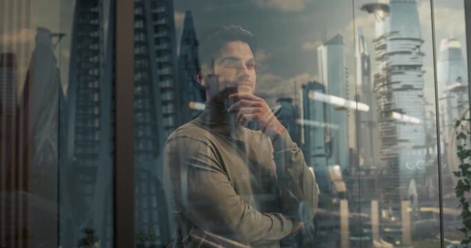 Young Caucasian Man at a Home Office Window, Looking at a Utopian Futuristic City With Flying Cars, Skyscrapers and Bright Reflections, Thinking About Success, Innovation, Business and Tomorrow.
