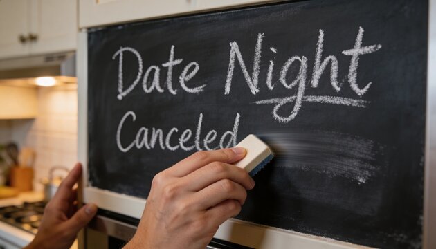 Wiping adult hand erasing Date Night Canceled message on kitchen chalkboard, with eraser