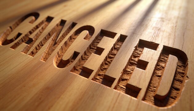 Highlighting carved word CANCELLED on wooden panel at workshop, showing tool marks and chips