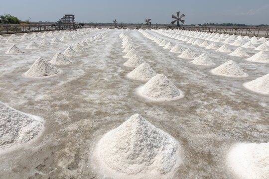 タイ国ペッブリー県の昔ながらの方法での海水から塩を収穫する塩田