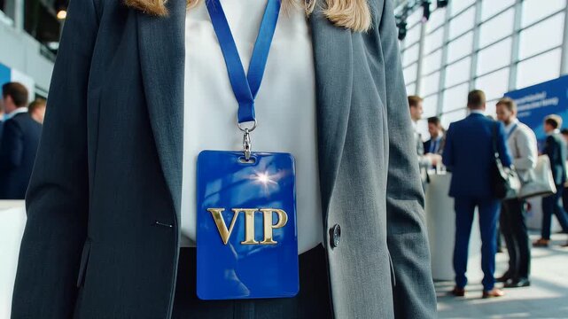 VIP access badge worn by a person at a business event.
