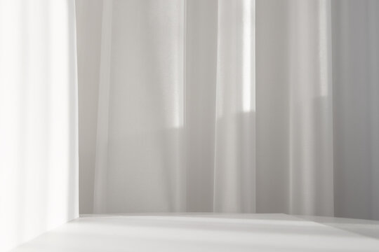 Abstract white studio background with shadows of window. Empty 3d gray room with copy space. Display product with blurred backdrop. Soft focus