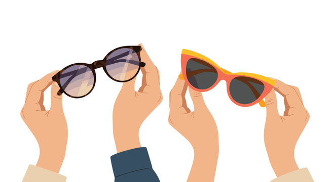 Two pairs of hands hold up a round dark-framed and a cat-eye orange-pink framed pair of sunglasses against a white background.