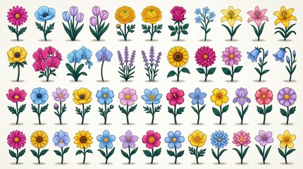 Fototapeta premium Vibrant Floral Collection: Hand-Drawn Flower Icons & Illustrations